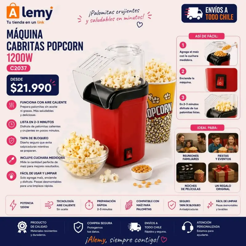 Máquina de cabritas popcorn 1200W roja