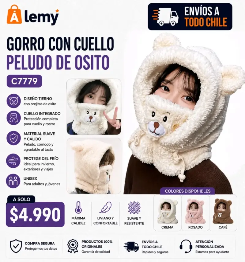 Gorro con cuello peludo de osito unisex - 1
