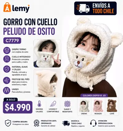 Gorro con cuello peludo de osito unisex - miniatura 1