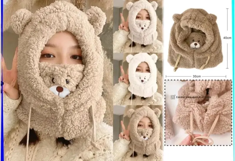 Gorro con cuello peludo de osito unisex - 2