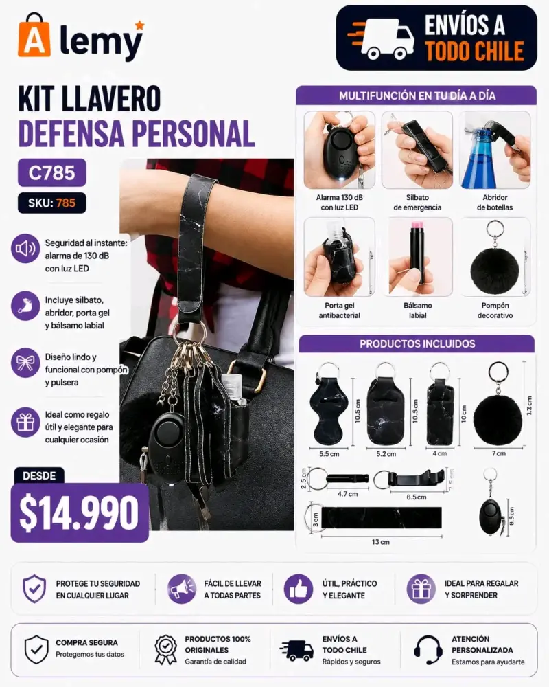 Kit llavero de defensa personal con alarma y luz LED