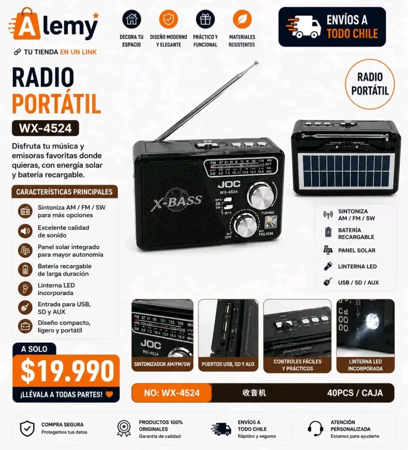 Radio portátil JOC WX-4524 con energía solar