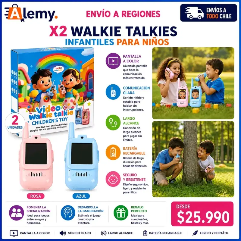 Set de 2 walkie talkies infantiles con pantalla a color