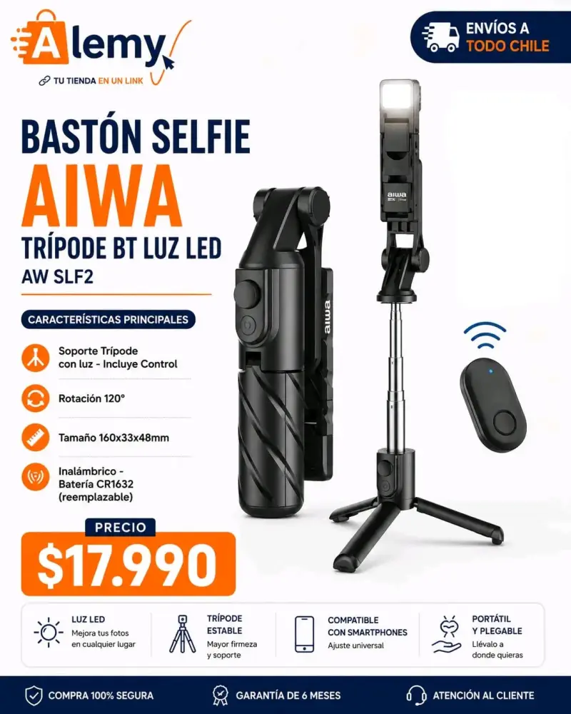 Bastón selfie Aiwa con trípode y luz LED