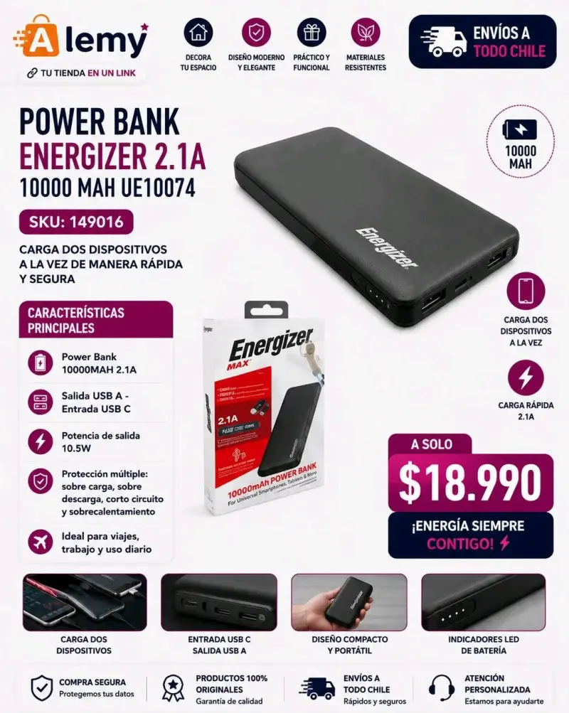 Power Bank Energizer 10000mAh 2.1A USB-C