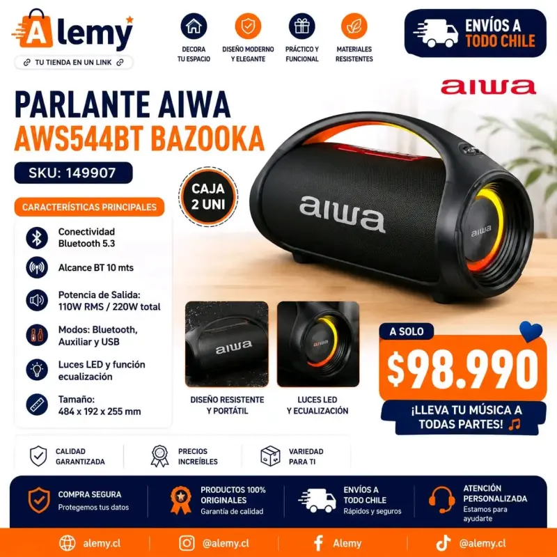Parlante Aiwa AWS544BT Bazooka Bluetooth