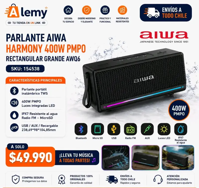 Parlante Aiwa Harmony 400W PMPO resistente al agua