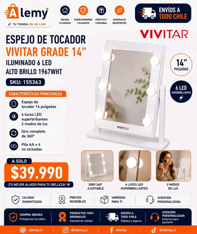 Espejo de tocador Vivitar Grade 14" con luces LED