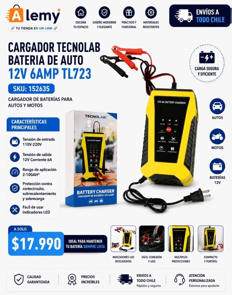 Cargador de batería Tecnolab 12V 6AMP TL723