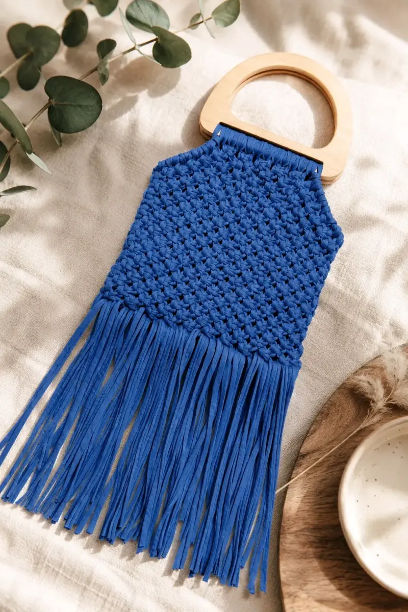 Bolso de macramé azul con flecos