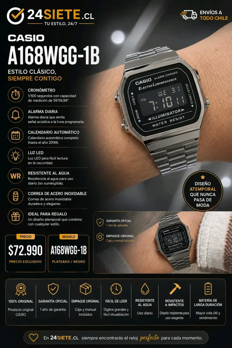 Reloj Casio A168WGG-1B clásico y resistente - 1