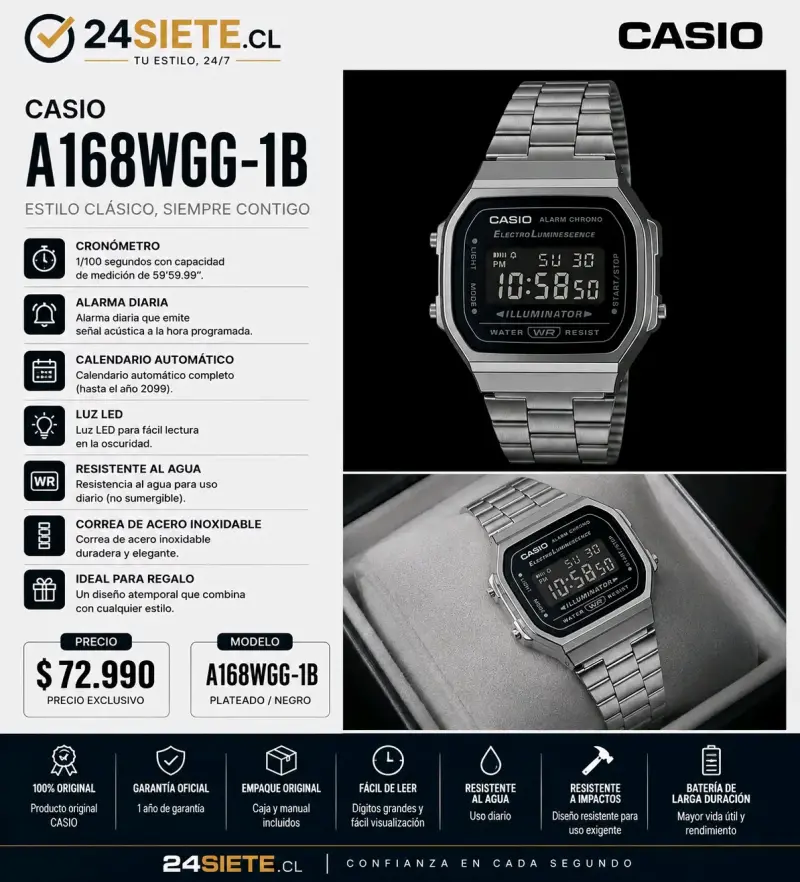 Reloj Casio A168WGG-1B clásico y resistente - 2