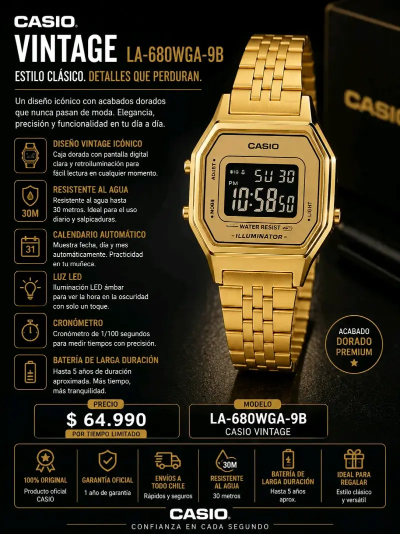 Reloj Casio Vintage LA-680WGA-9B Dorado - 2