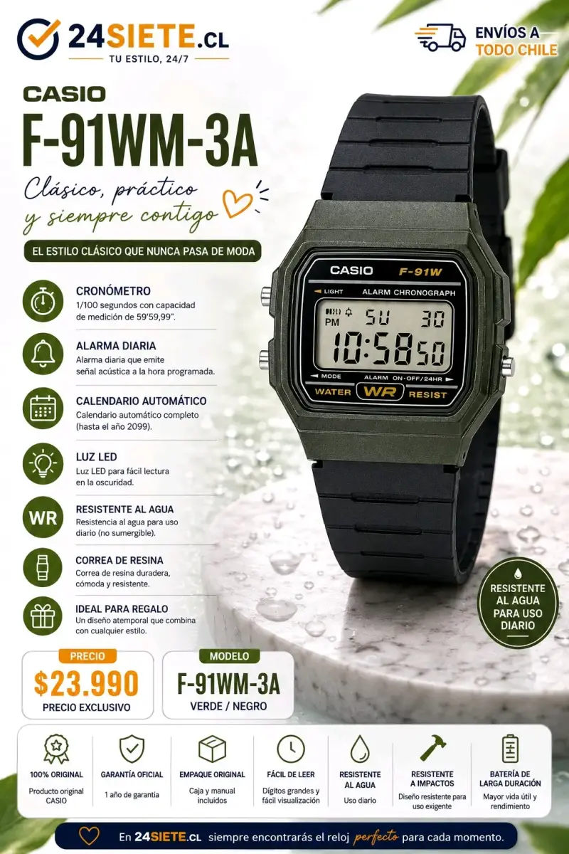 Reloj Casio F-91WM-3A clásico y resistente - 1