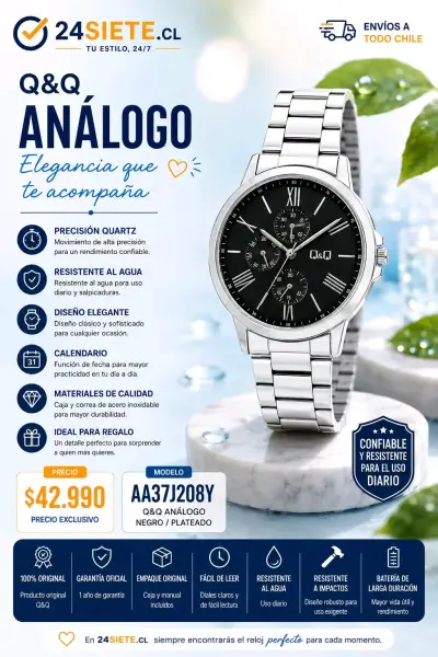 Reloj análogo Q&Q negro y plateado - miniatura 1