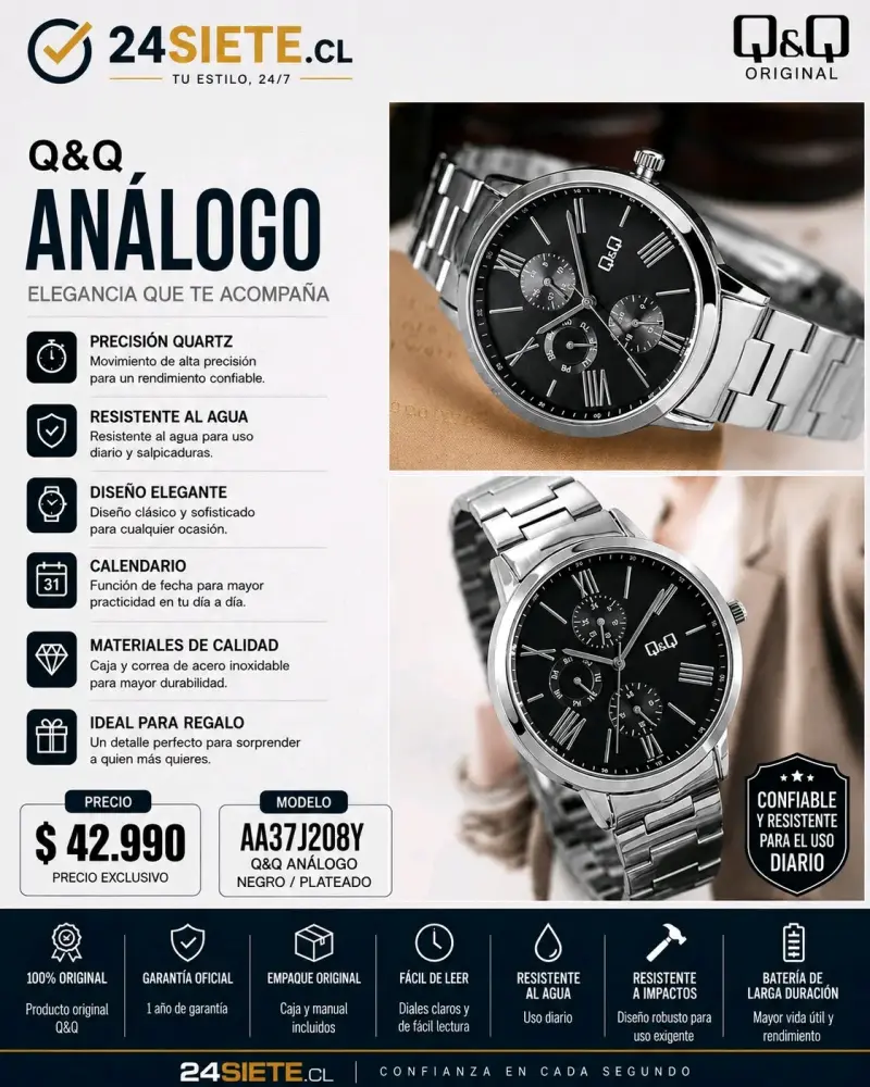 Reloj análogo Q&Q negro y plateado - 2