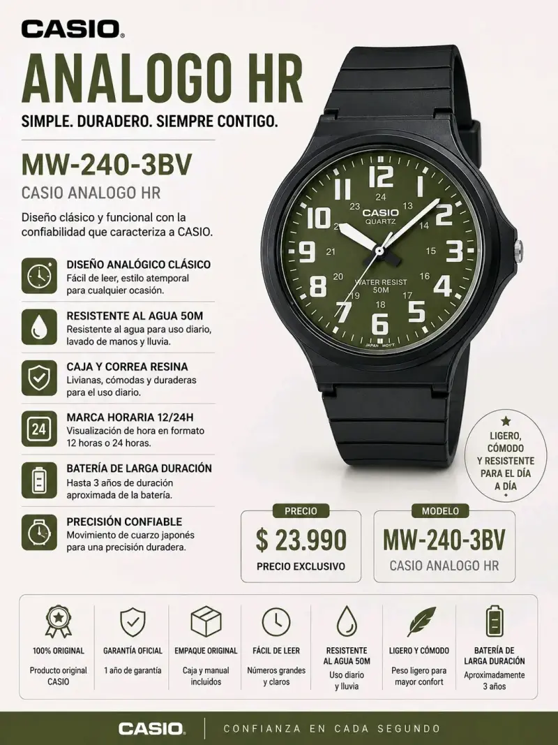 Reloj Casio Analógico Resistente al Agua - 3