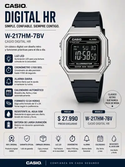 Reloj Casio Digital HR W-217HM-7BV resistente al agua - miniatura 3