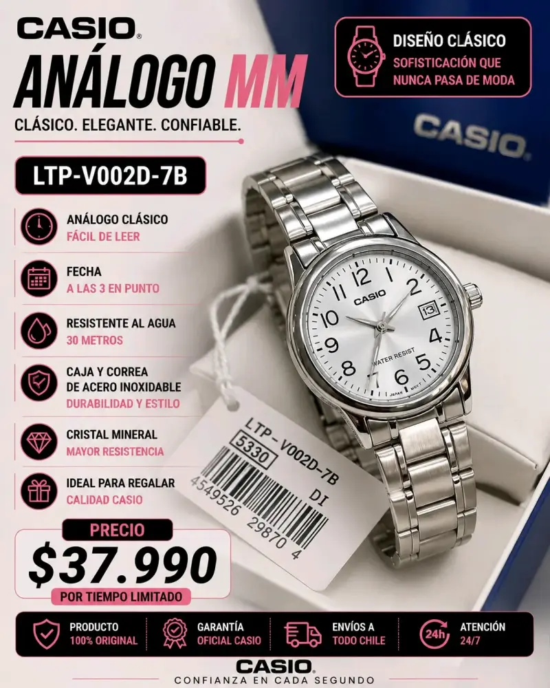 Reloj análogo Casio LTP-V002D-7B acero inoxidable - 1
