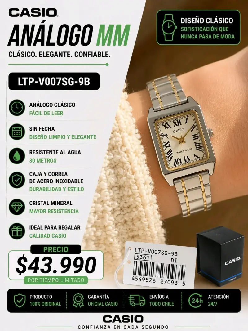 Reloj análogo Casio LTP-V007SG-9B clásico - 1