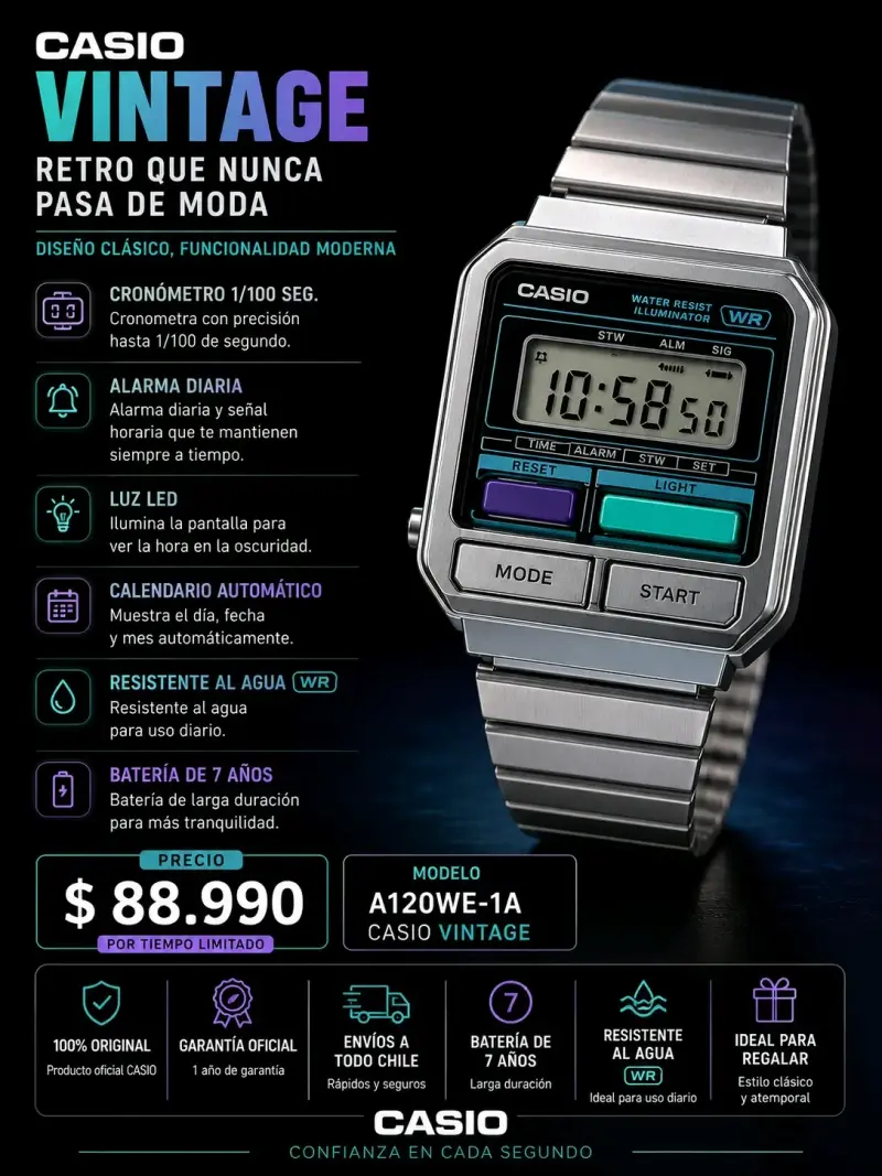 Reloj Casio Vintage A120WE-1A resistente al agua