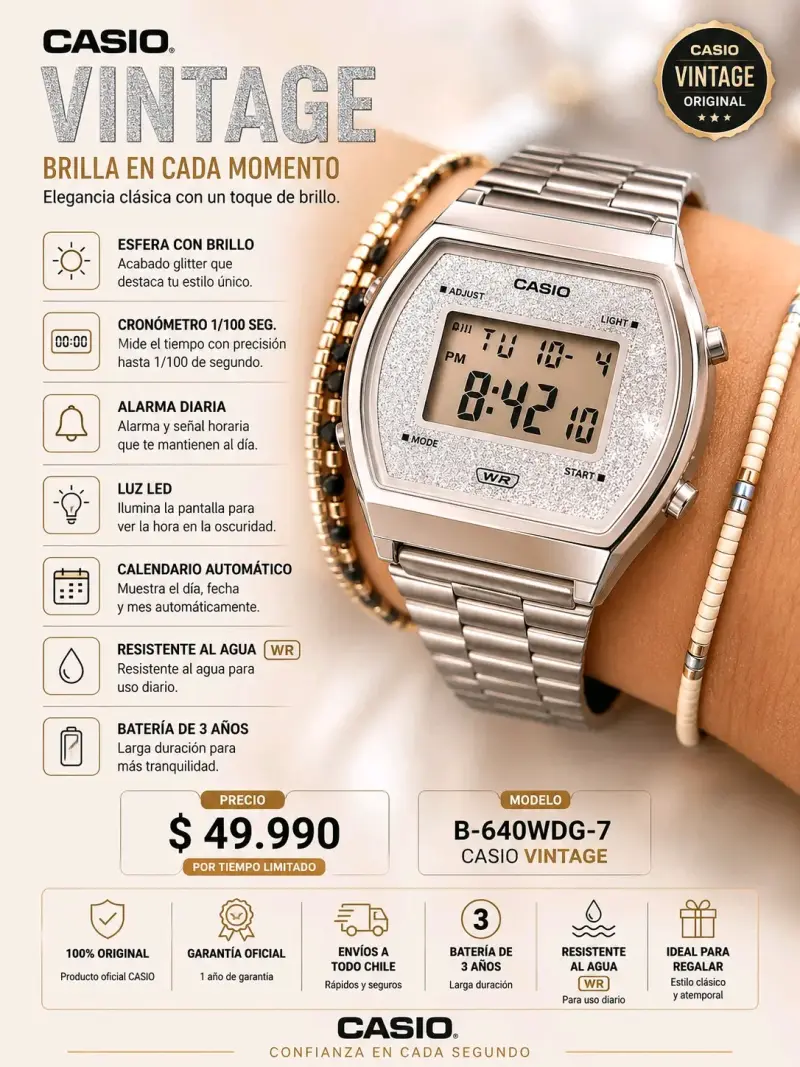 Reloj Casio Vintage B-640WDG-7 con esfera brillante
