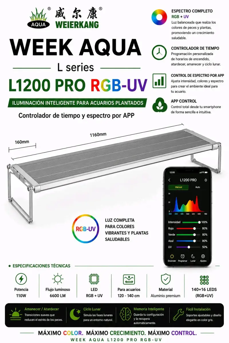 Lámpara LED RGB-UV para acuarios Week Aqua L1200 Pro