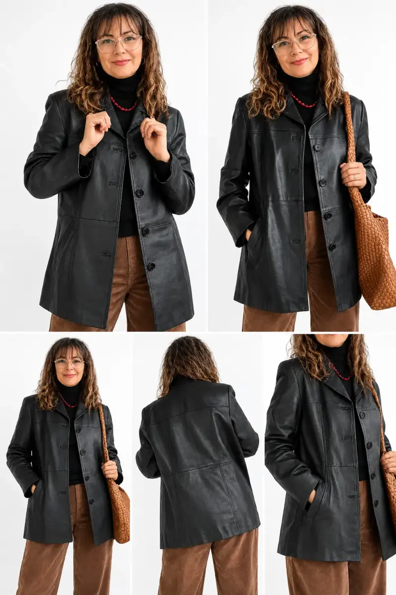 Abrigo de cuero negro para mujer - 5