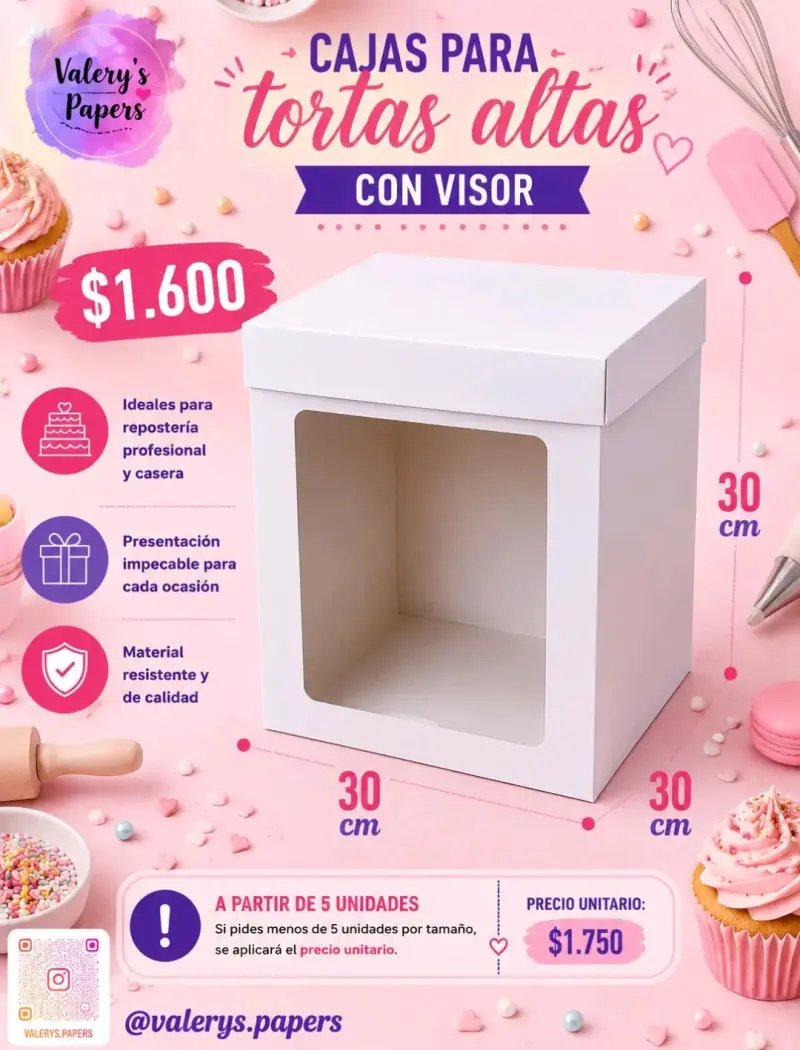 Cajas para tortas altas con visor 30x30x30