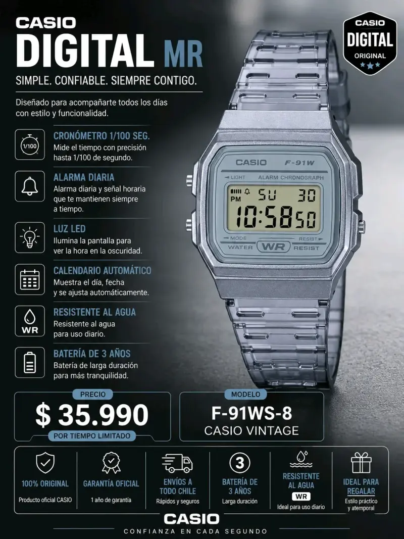 Reloj Casio Digital F-91WS-8 resistente al agua - 1