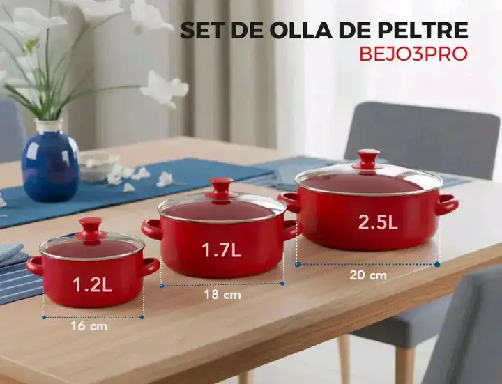 Juego de ollas peltre rojas con tapa de vidrio - 4