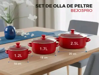 Juego de ollas  peltre rojas con tapa de vidrio - miniatura 4