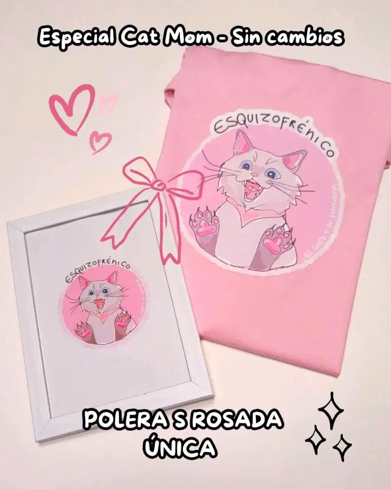 Polera rosa con diseño de gato esquizofrénico