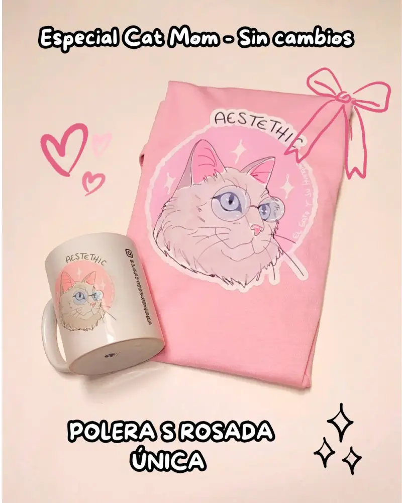 Set polera y taza 'Aesthetic Cat Mom' rosada