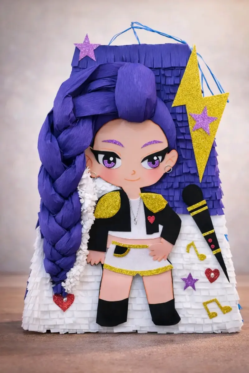 Piñata temática de personaje con cabello morado
