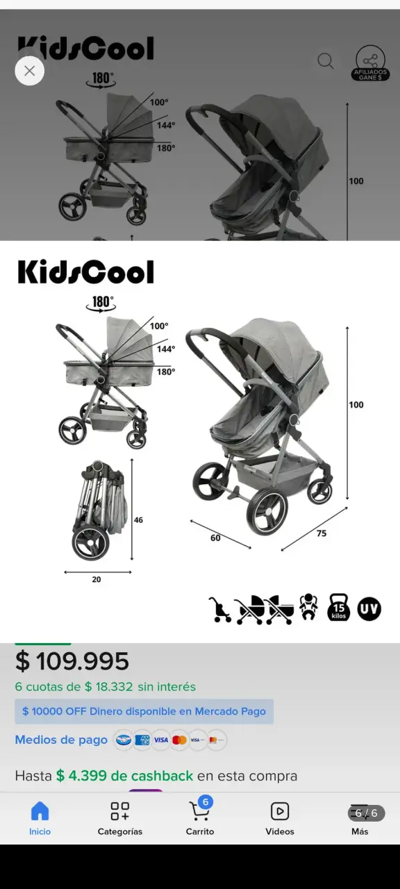 Coche cuna de bebé Kidscool gris plegable - 12