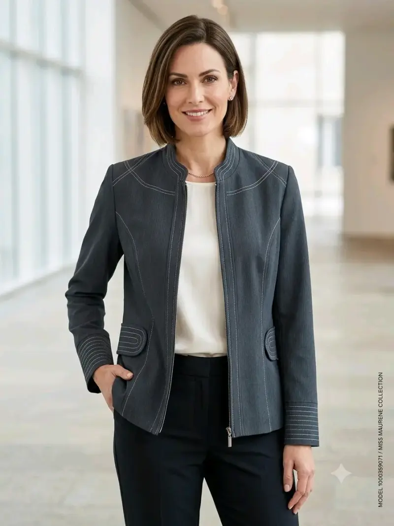 Chaqueta formal gris con detalles de costura