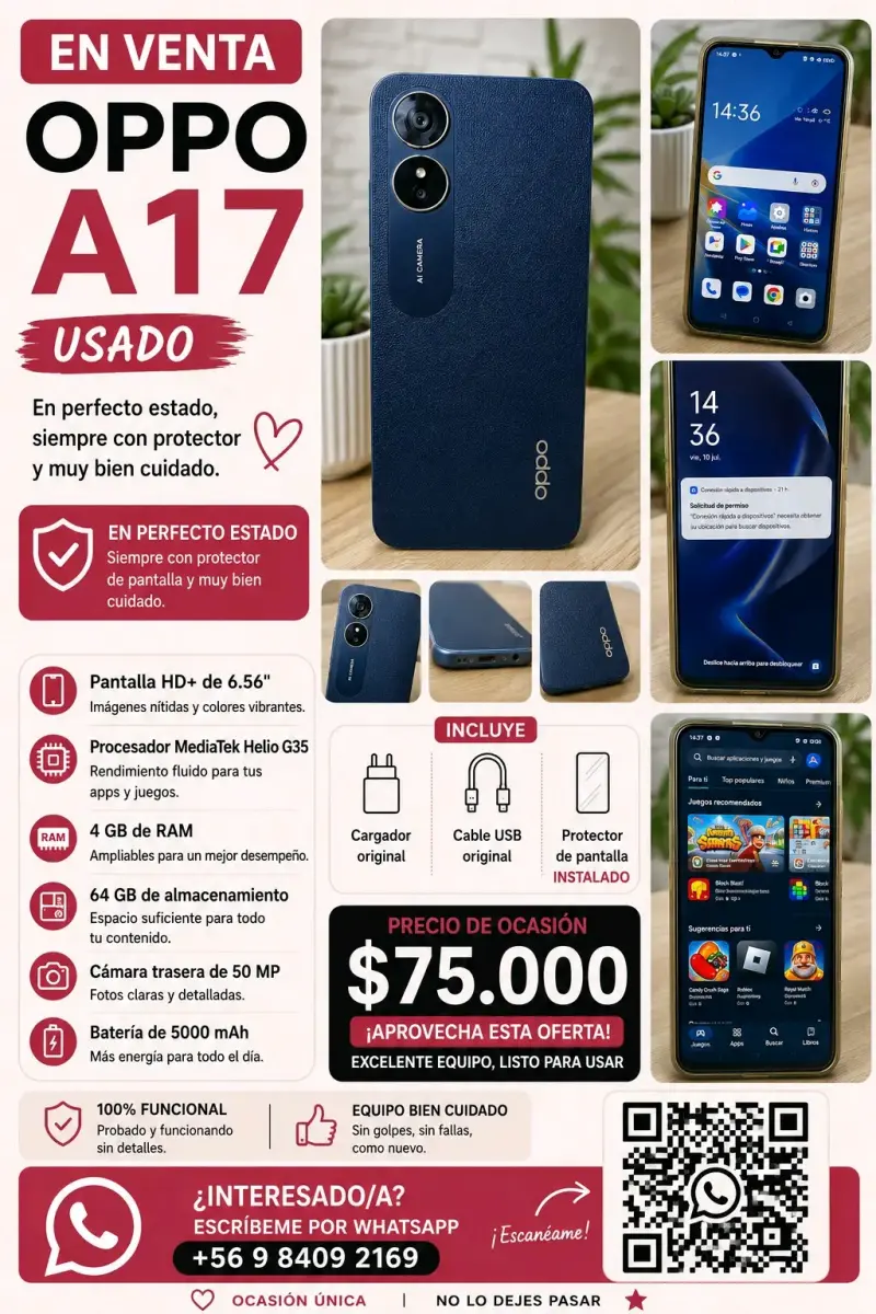Smartphone OPPO A17 usado en perfecto estado