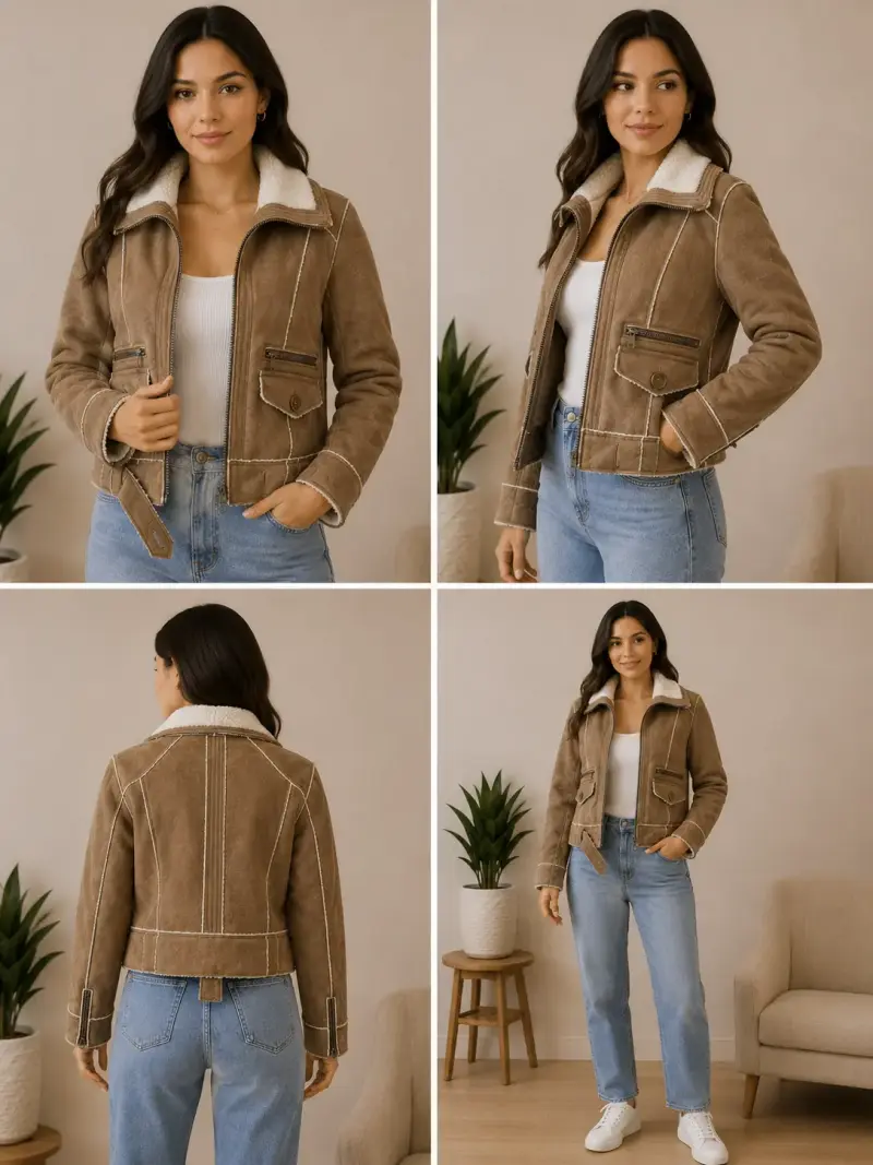 Chaqueta de gamuza marrón con forro de lana