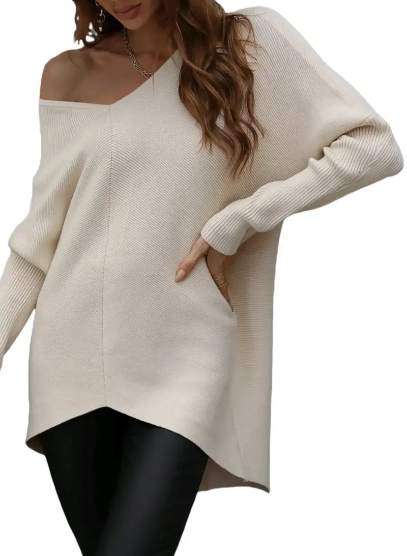 Suéter beige de punto con hombro descubierto - 1