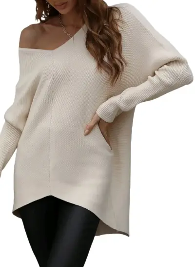 Suéter beige de punto con hombro descubierto - miniatura 1