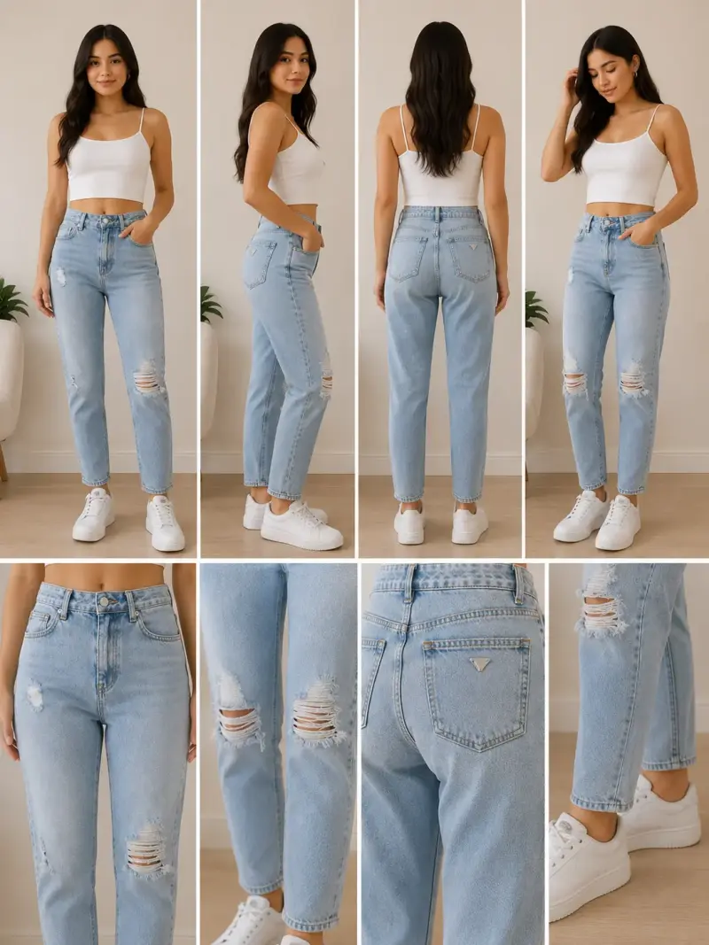 Jeans celestes rasgados de tiro alto