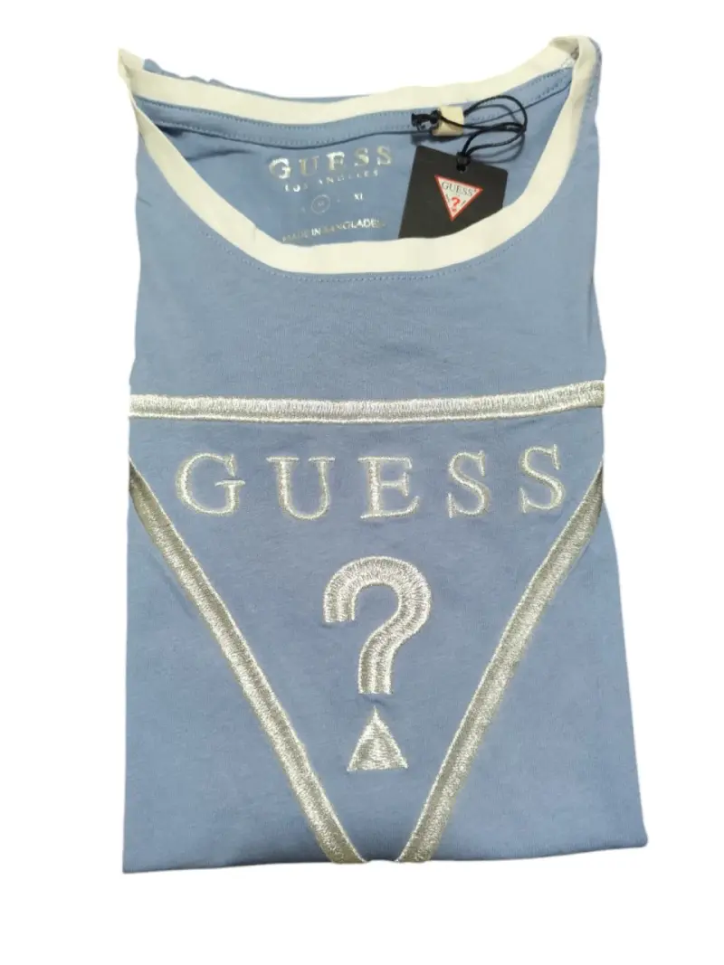 Polera Guess azul Logo bordado plateado M - 3