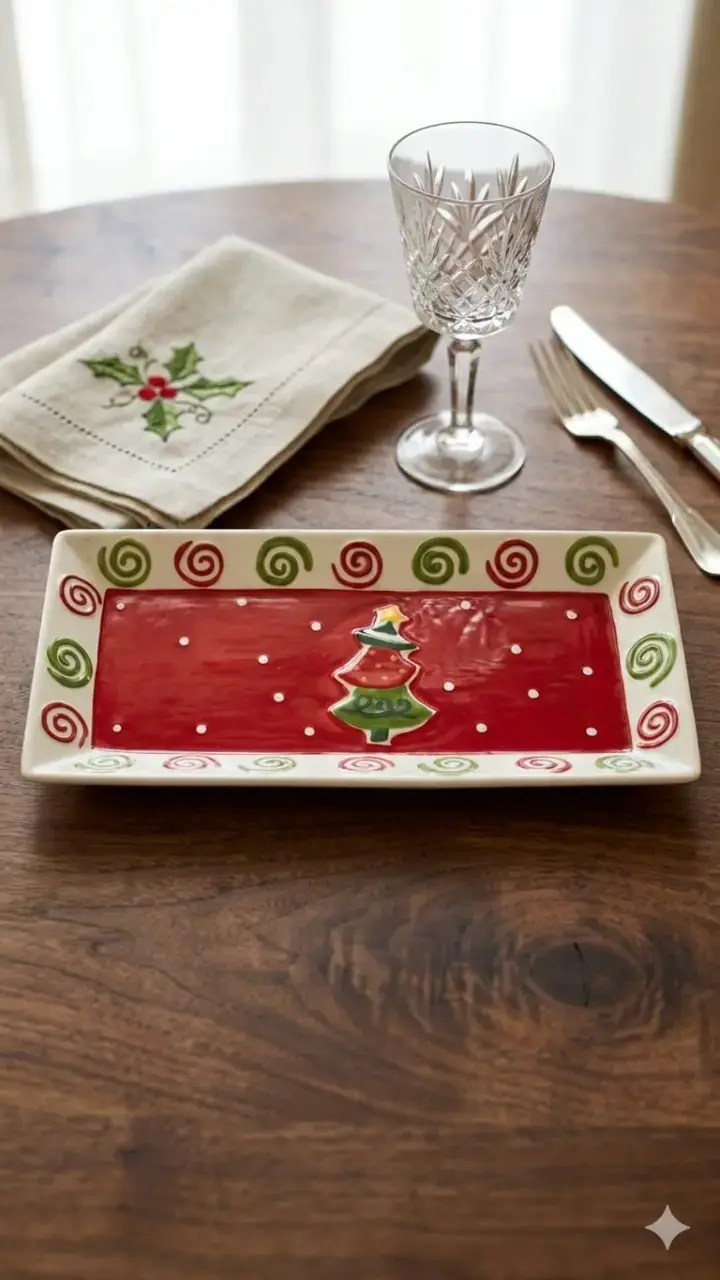 Plato rectangular navideño de cerámica