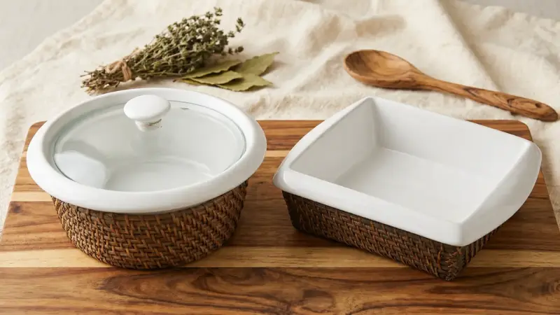 Set de fuentes de cerámica con base de mimbre