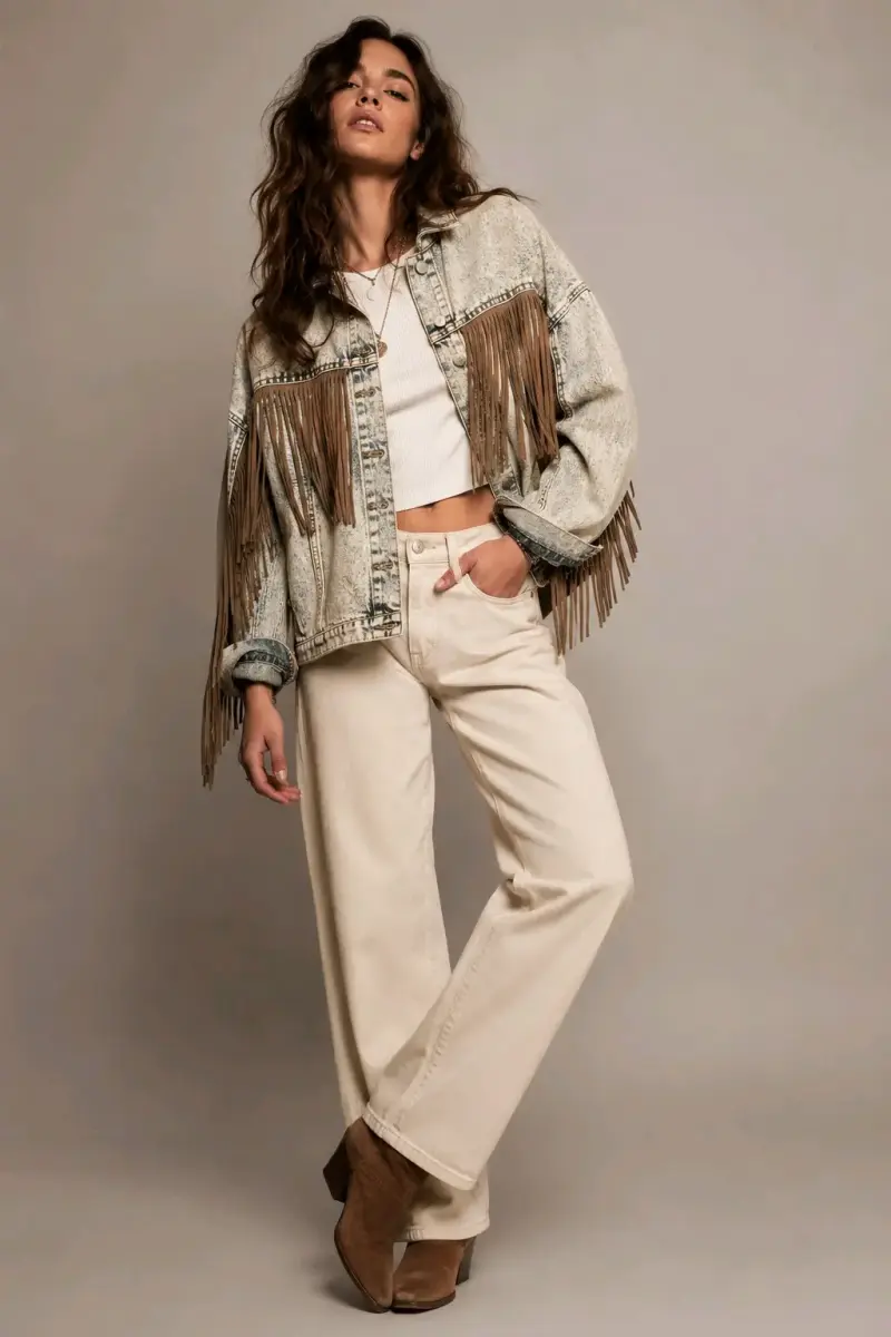 Chaqueta de mezclilla con flecos estilo western - 1