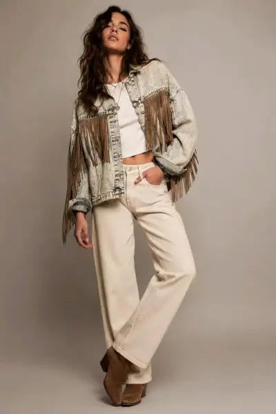 Chaqueta de mezclilla con flecos estilo western - miniatura 1