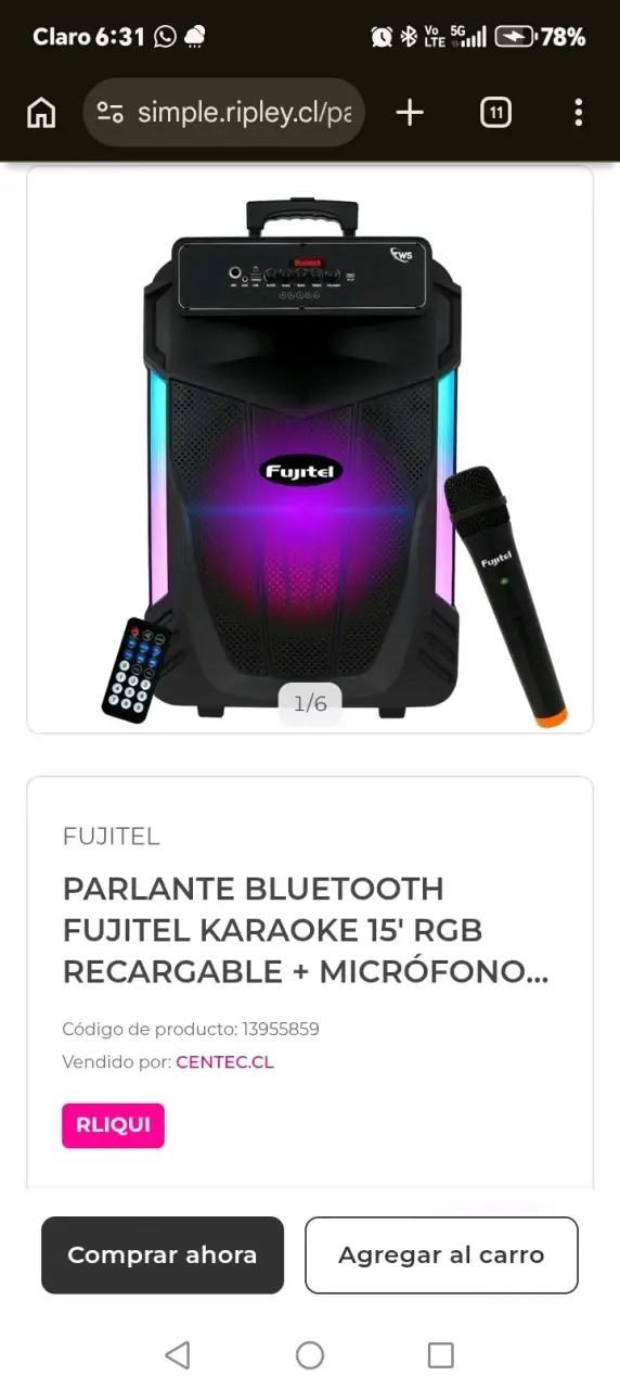 Parlante Bluetooth Fujitel Karaoke 15' RGB