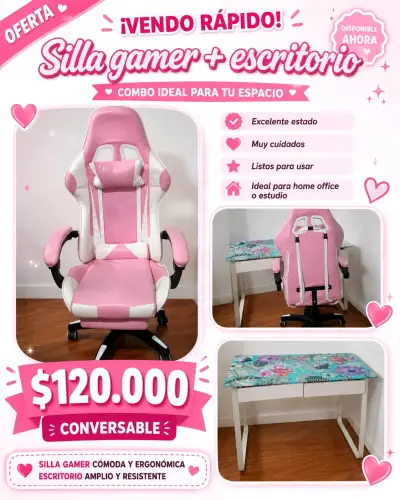 Combo silla gamer y escritorio rosa - miniatura 1