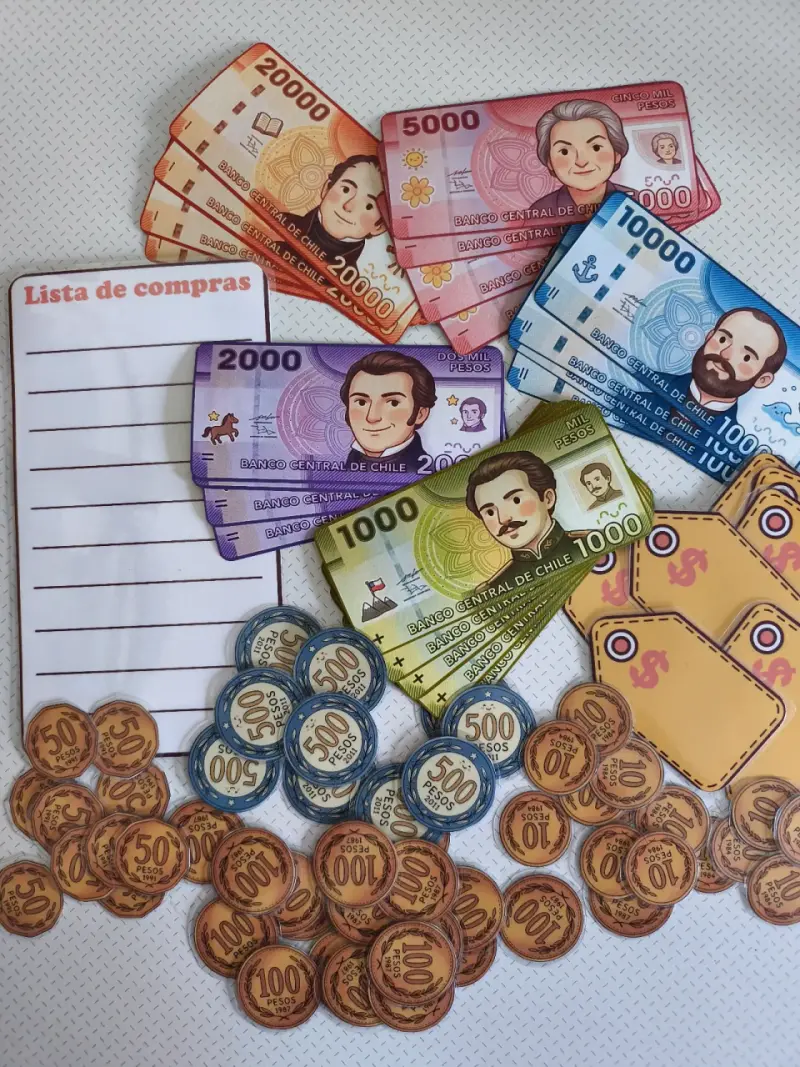 Set de dinero, etiquetas y lista de compras